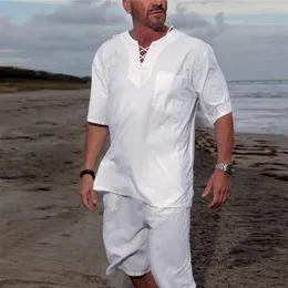 Roupas de verão para masculino Fiber de linho de linho de traje de traje de praia Use roupas de 2 peças de 2 peças de cor sólida camisa de camisa de camisa do terno Breathe Cool Beach Roupfits 2022
