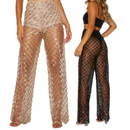 Women's Pants & Capris 2022 Fashion Womens See Through Sheer Mesh Wide Leg High Waist Beach Cover Up Club Sexy Long