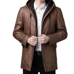 hooded Thick Leather Jacket Men Soft Mens PU Jackets Fur Collor Casual Coats Man Solid Windbreaker Waterproof Businessman Wear 220816