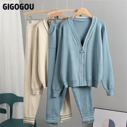 GIGOGOU Vertival Harem Carrot Pants Suits Vintage Zipper Women Cardigan Sweater Tracksuits Knit Jumper y2k Two Piece 220315
