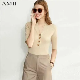 Amii minimalism sping sommar vneck stickad skjorta kvinnor mode smal knapp korta ärmar blus skjorta 1014 210401