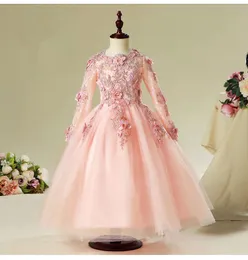 Vestidos de menina Kiccoly 2022 Garota elegante Menina rosa Manga de renda criança Primeira comunhão Vestido de flor formal de casamento