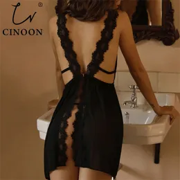 Cinoon Yaz Kadınları Sweetwear V yaka Seksi Nightres Casual Nightgown Rahat Dantel Pijama Sold Renk Bifurcation Nightwear 220321