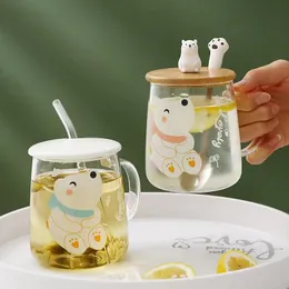 Muggar söta 3D alpakka glas mugg med bambu lock värmebeständig morgon mjölk kaffe te frukost kopp för presentsmuggar