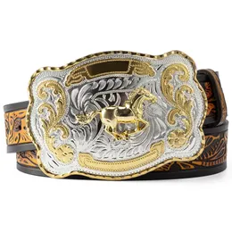 Belts Double Color Golden Horse Embossed Leather Alloy Buckles Adornment Belt Man Big Fashion Cowboy Smooth Buckle