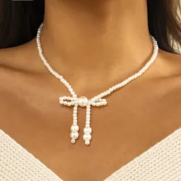 Elegante Doce Bow Gargantilha Colar Casamento Nupcial Simples Bowknot Pérola Clavícula Clavícula Coleira Para Mulheres Lady Jóias