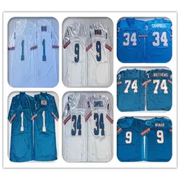 Męskie Oilers 9 Steve McNair Blue White Vintage Football 34 Earl Campbell 74 Bruce Matthews 1 Warren Moon Ed Retro Jerseys