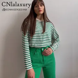 CNlalaxury Women Black And White Stripes O Neck Casual Tops Long Sleeve Loose Pullover Za T-shirt Srping Fashion Shirt 220408
