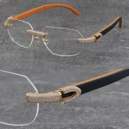 Metal Rimless Wooden Design Classical Model Frames Eyewear Luxury Micro-paved Diamond set Glasses Men Women Rocks Wire 18K Gold Removable Frame Cat Eye Eyeglasses