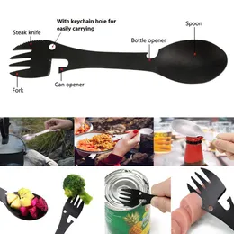 Camping Fork Spoon Multifunktionssked 10 I 1 Integrerad gaffel Spoon Outdoor Fork-Spoon Picknick Skär knivflaska Can Opener