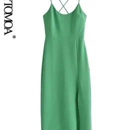 KPYTOMOA Women Fashion Front Slit Green Midi Tube Dress Vintage Backless Zipper Crossover Thin Straps Female Dresses Vestidos 220516