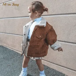 コートファッションの女の子の男の子ウィンタージャケットコーデュロイ毛皮太い幼児幼児の子供ウォームコートベイビーアウトウェア高品質の服15y 220826