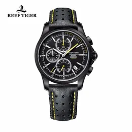 Reef Tiger/RT Mens Sport Quartz Watches with Chronograph and Date Black Steel Casual Stop Watch with Super Luminous RGA1663 T200409