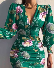 Sonbahar Kadın Çiçek Baskı Bodycon Dantelli Elbise 2021 Femme Rahat Puf Kollu V Boyun Mini Sıska Robe Ofis Bayan Kıyafetler Y2K G220414