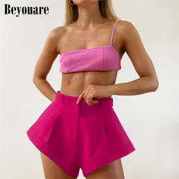 Beyouare Red Shorts Women Summer High Waist Elegant Loose Solid Female Office Lady Wide Leg Casual Streetwear Shorts 220419