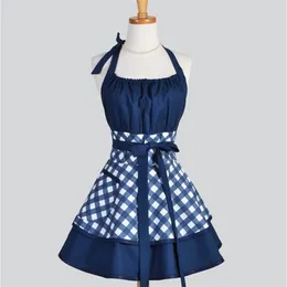 Blue Black Gingham Retro Kitchen Apron Woman Cotton Cooking Salon Avental de Cozinha Divertido Pinafore Apron Dress Vintage 201007