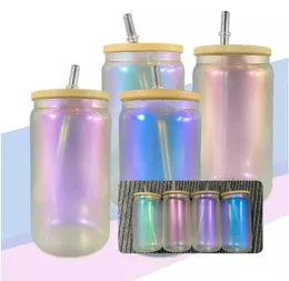 Armazém local Copo de vidro iridescente para sublimação de 16 onças com tampa de bambu Frasco de transferência térmica Caneca de café Copos para beber A02