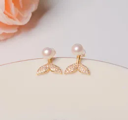 14K Gold Iniection Pełne wiertarka Studs Ear Studs Dangle żyrandol Naturalne kolczyki z perłami słodkowodnymi Biała dama/dziewczyna biżuteria mody