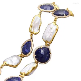 Collane a ciondolo gioiello 20 "14x23mm bianco naturale Biwa perla Glode Pesca piattale cuori blu SODalite CZ Collacipendante