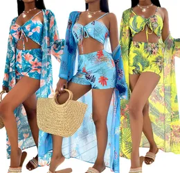 Kadın Mayo PCS Uzun Kollu Bikini Örtü Kadınlar Baskı Plaj Giyim Set Yüksek Bel Şortları Bandage Mayo Bankası Takımlar