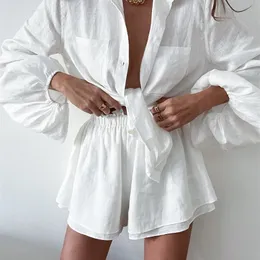 Bclout Linen Ruffle Shorts Sets 2 Piece Summer Lantern Sleeve White Tops Elastic Waist Shorts Woman Suit Outfits Vacation 220617
