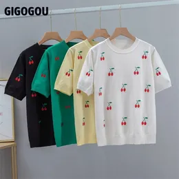 GIGOGOU Kirsche Stickerei Sommer Frauen T-Shirt Mode Grundlegende Lose Kurzarm T shirt Top Übergroßen Weiblichen Casual T-shirt 220328