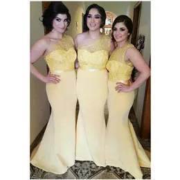 Sexy One Shoulder Long Yellow Lace Bridesmaid Dresses 2022 Mermaid Junior Party Dress Satin Plus Size vestido madrinha