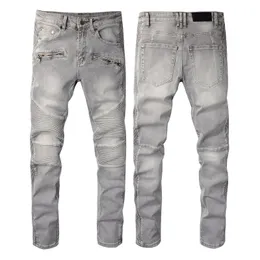 Herren-Designer-Radsport-Jeans mit Reißverschluss, graue plissierte Seitenstreifenhose, verwaschene Biker-Hose, modisch, lässig, ausgereift, trendige Denim-Hose, Hip-Hop-Motorrad-Jeans