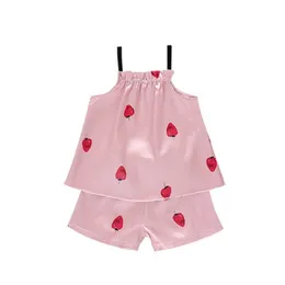 Kids Girls Pajamas Silk Sleepwear Set Pattern Sling Outfits Short Sleeve Blouse Tops Shorts Sleepwear Set Baby Clothes 2pcs 220706