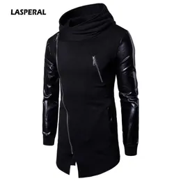 Lasperal Harajuku Mens Casual Hoodie Jackets Pu Leather Patchwork Motorcykel Långt utkläder Patch Zipper Oregelbundna stenrockar LJ200826