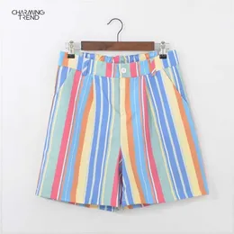 Shorts de verão Mulheres faixas contrastantes calças curtas se encaixam nas meninas casuais shorts de cintura alta verão shorts de arco -íris vintage 210702