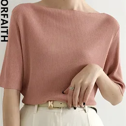 Colorfaith Solid Multi 6 Colors Bottoming Castiou Casual Slash Neck編み弾力性女性サマーTシャツワイルドトップT1608 W220422
