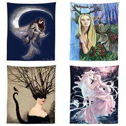 Tapestries Horned Woman Last Unicornwitch With The Tail A Fairy Sits On Glowing Crescent Moon Fantasy Art Tapestry House DecorationTapestrie