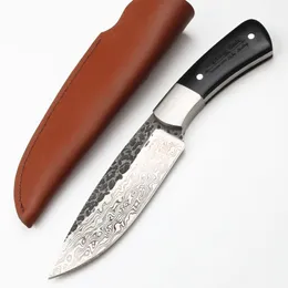 Survival proste nóż kute wzorzyste stalowe punktowe punkt ostrza pełne heban hebony stałe noże ostrza ze skórzaną osłoną