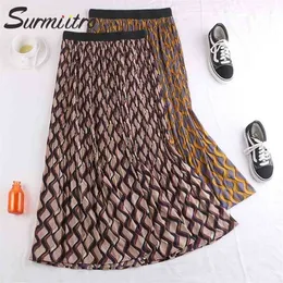 Surmiitro Maxi Pleated Skirt Women For Spring Summer Korean Ladies Korean Blue Yellow Print High Waist Long Skirt Female 210331