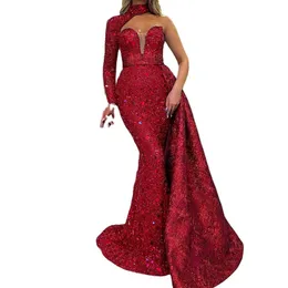 2022 Crystals Formal Evening Dresses Mermaid Style Dubai Indian High Neck One Sleeve Cape Beads sequined Long Trumpet Arabic Prom Dress