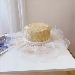 Cappelli a tesa larga OMEA Cappello di paglia di grano Spiaggia Estate Perla Orlo Doppi strati Garza bianca Pizzo Elegante moda coreana Visiera Berretto di lusso