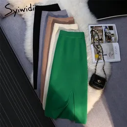 Syiwidiiグリーンサイドスプリット女性秋冬弾性バンドファッションカジュアルペンシルミディスカート220317