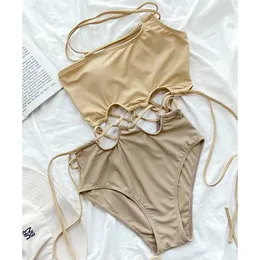 Ready Stock Hollow Cut Out One Piece Swimsuit Women Drawstring Monokini 2023 Beige Bathing Suitセクシーな水着ビーチボディスーツ