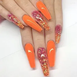 Falska naglar 1 Set Orange Long Stiletto Ballerina Tips Kista Fake Nail Art Akryl Press On Decal Decoration With Lim Prud22