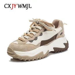 CXJYWMJL Women Top Layer Pork Skin Chunky Sneakers Spring Genuine Leather Sports Casual Shoe Ladies Thick Soled Vulcanized Shoes 220812