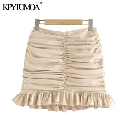 KPYTOMOA Frauen Chic Mode Applikationen Rüschen Gefaltete Mini Rock Vintage Hohe Taille Zurück Zipper Weibliche Röcke Mujer 210331