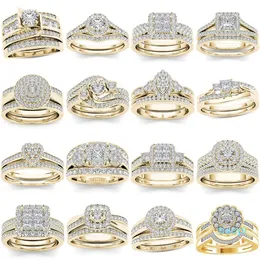 2022 new fashion Wedding Rings 2Pcs Bridal Set Elegant Crystal Engagement Ring Luxury Gold Color Round Heart Zircon For Women Boho Jewelry