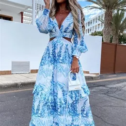 Women Boho Maxi Summer Sexy VNeck Hollow Out Lantern Sleeve Party Club Dresses Backless Beach Cover Up Female Robe 220809