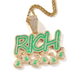 Hip Hop Iced Out Letter RICH Wallet Glowing Pendant Necklace Diamond Money Bags with Rope Chian
