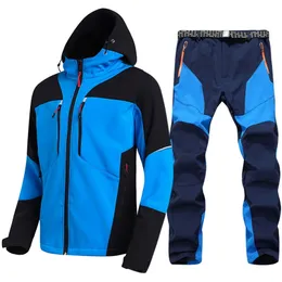 Men's Waterproof Hiking Jacket Suit Fleece Softshell Jacket and Pants Outdoor Trekking Camp Coat Set Pants Climb Skiing Trousers 220516