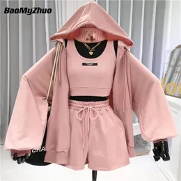 Casual Shorts Three 3 Piece Set Women Vest DrawString Shorts Hooded Zipper Jacket Sportkläder kostymer Kvinnliga SOLDA Sport Hoodie 220602