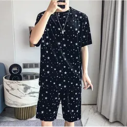 Men's Tracksuits Men Outfit Set 2022 Summer Men's T-Shirt Shorts 2 Piece Full Star Print Breathable Velvet Short Sleeve Top Elastic Wais