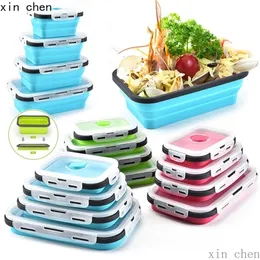 4pcs/set Collapsible Portable Lunchbox Dinnerware Silicone Folding Bento Lunch Box Meal Food Container For Kitchen 201015
