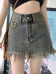 Houzhou vintage sıkıntılı çiğ kenar jean etek kadınlar Kore moda yaz yüksek bel yüksek bel, seksi püskül denim mini etek sokak giyim t220819